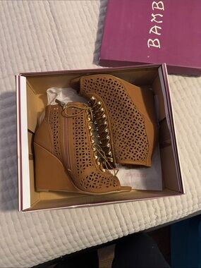 BAMBOO Tan Laser-Cut Lace-Up Wedge Sandals